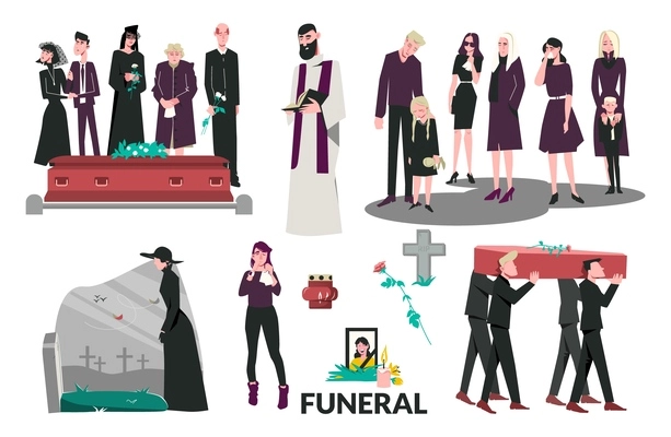 Flat funeral death composition set grieving family standing by the coffin people weeping men in black carrying the coffin a widow visiting her husbands grave vector illustration