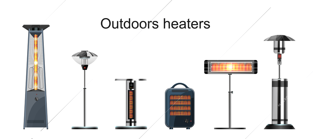 Outdoor infrared gas electric heaters flat isolated on white background vector illustration