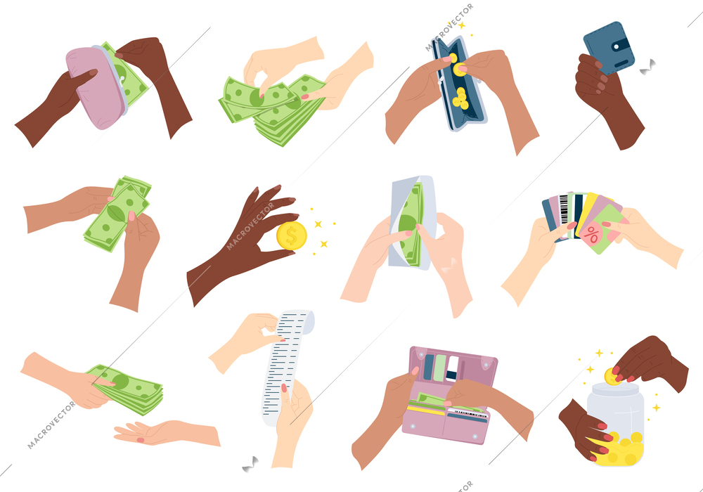 Hands with money flat icons collection with isolated hands of color holding payment methods and wallets vector illustration