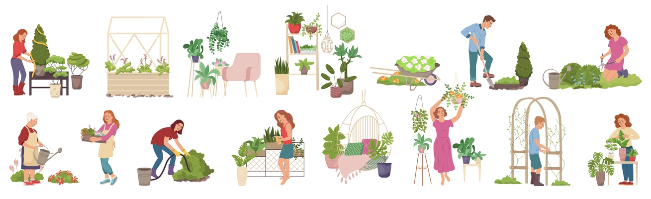 Home gardening set of flat isolated icons with human characters and decorative plants with beds pots vector illustration
