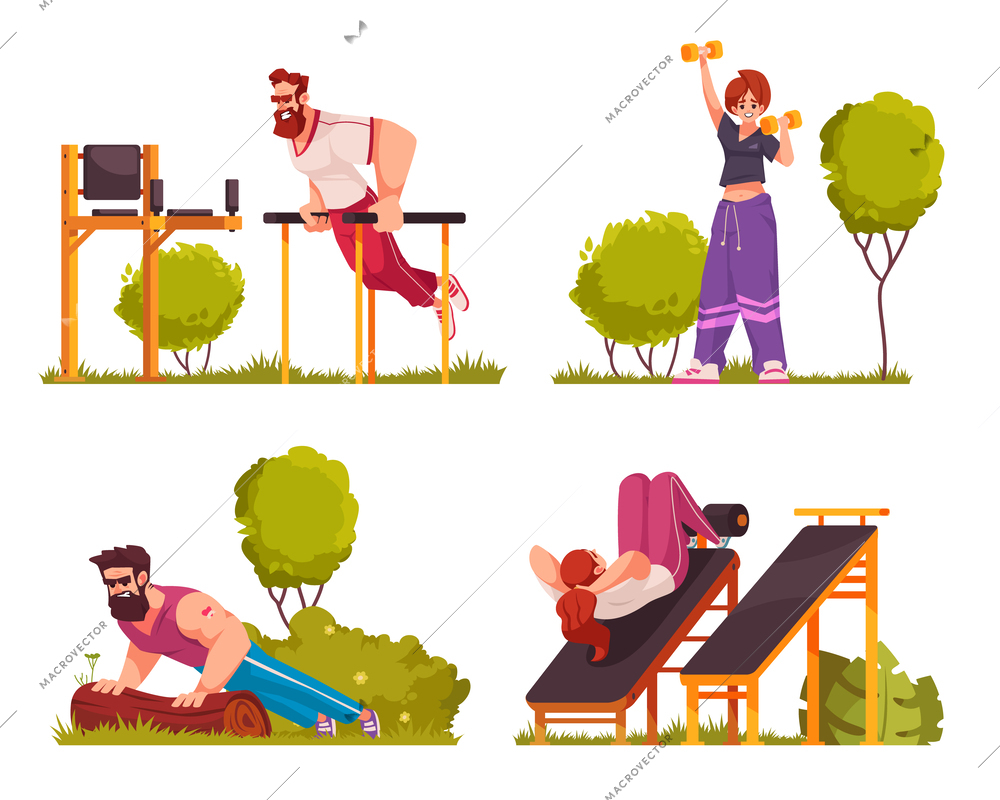 Workout cartoon composition set with males and females doing sport exersises outdoors isolated vector illustration