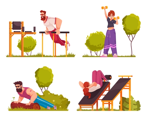 Workout cartoon composition set with males and females doing sport exersises outdoors isolated vector illustration