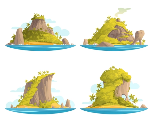 Tropical island cartoon landscapes set with abundant forests isolated vector illustration