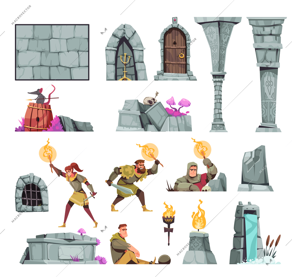 Medieval castle cartoon icons set with people with torches in dungeons isolated vector illustration