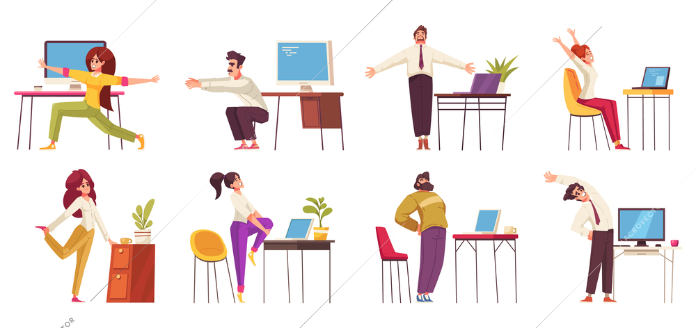 Workplace stretches cartoo icons set with people having exercises in office isolated vector illustration