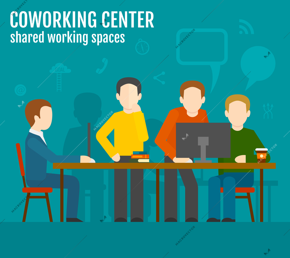 Coworking center concept with creative work group people sitting at the table vector illustration