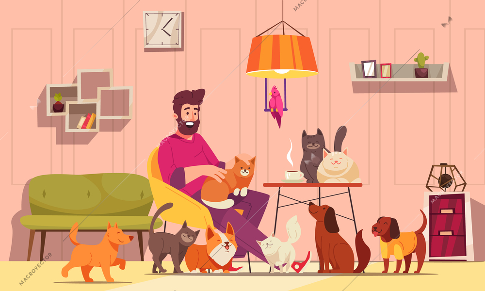 Cats and dogs male owner with his pets at home cartoon vector illustration