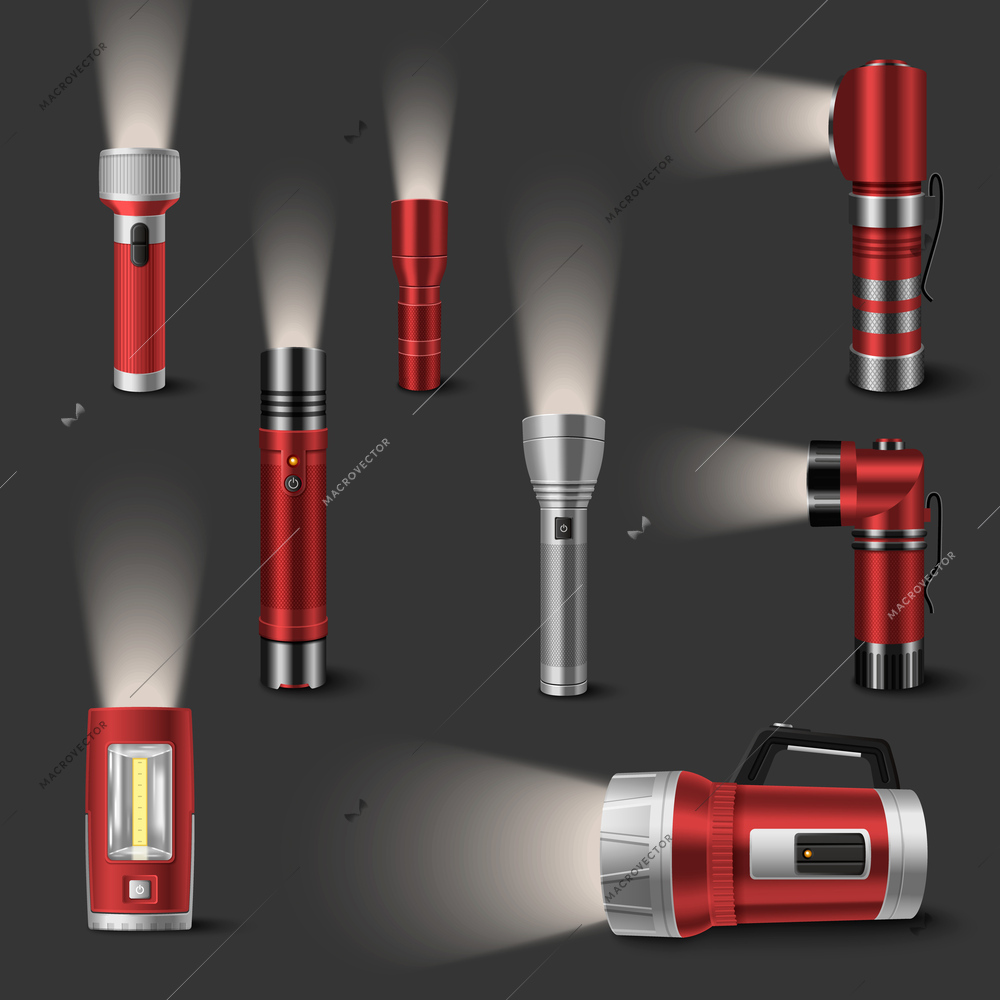 Side view of red realistic shining handheld flashlights of different  kinds on grey background isolated vector illustration