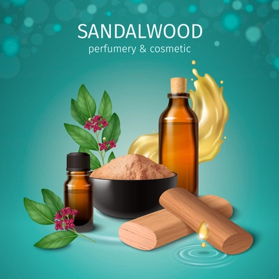 Sandalwood cosmetic realistic vector illustration of sandal timber fragrant powder in bowl and perfume oil vials