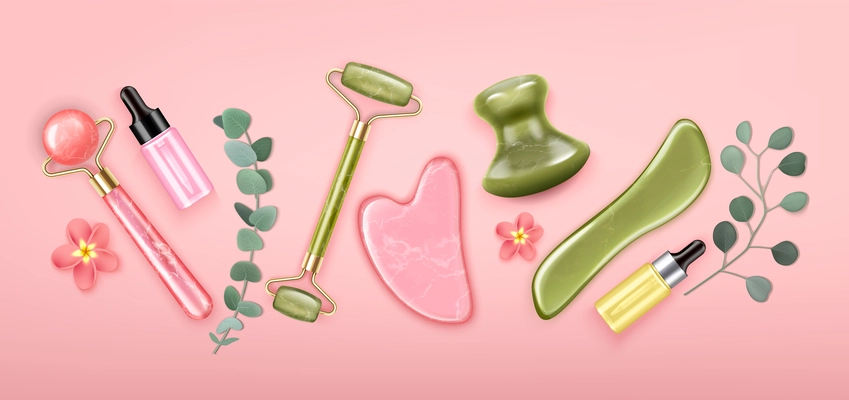 Cosmetic tools for gua sha massage realistic composition on pink background with rollers stones serum bottles and flowers vector illustration