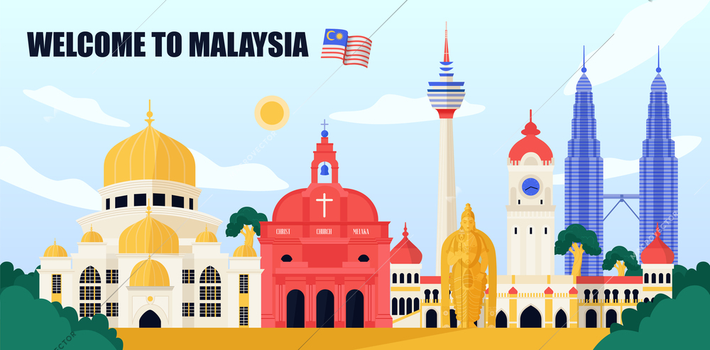 Malaysia travel poster with travel landmarks and architectural symbols vector illustration