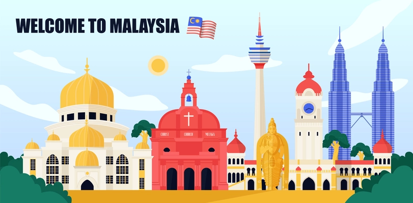 Malaysia travel poster with travel landmarks and architectural symbols vector illustration