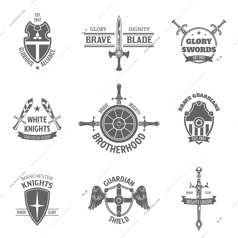 Vintage heraldic coat of arms labels set with swords and guardian shields emblems icons isolated vector illustration