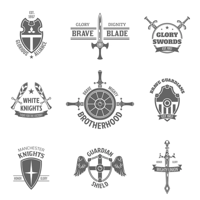 Vintage heraldic coat of arms labels set with swords and guardian shields emblems icons isolated vector illustration