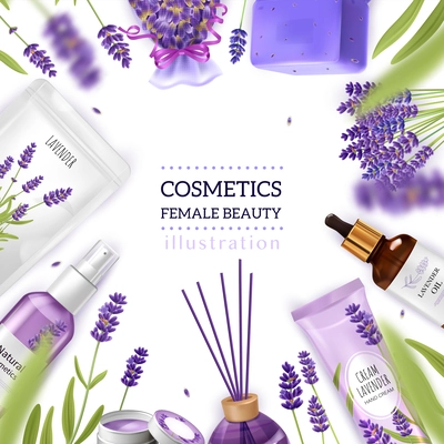 Realistic lavender frame with female beauty cosmetic products vector illustration