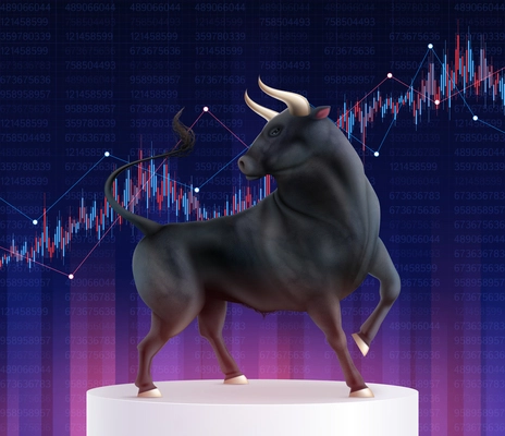 Color bull realistic composition with realistic image of bull on pedestal in front of stocks graph vector illustration