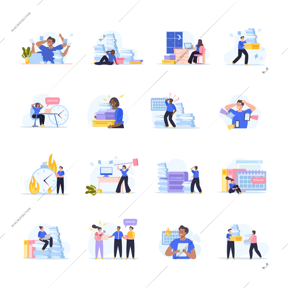 Business stress flat set of isolated icons with conceptual views of tired people working overtime distress vector illustration