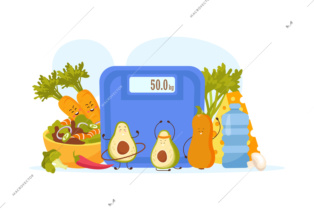 Cartoon avocado flat composition with front view of electronic kitchen scales surrounded by characters of vegetables vector illustration