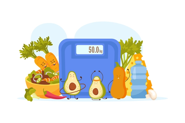 Cartoon avocado flat composition with front view of electronic kitchen scales surrounded by characters of vegetables vector illustration