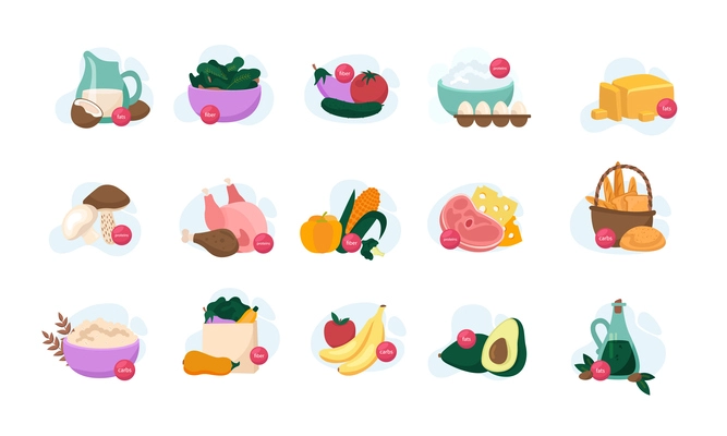 Macronutrients flat set on blank background with isolated icons of raw food products and served dishes vector illustration