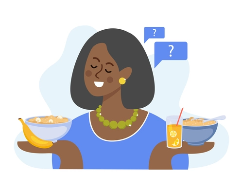 Oatmeal composition with blank background and flat doodle character of black woman with dishes on hands vector illustration