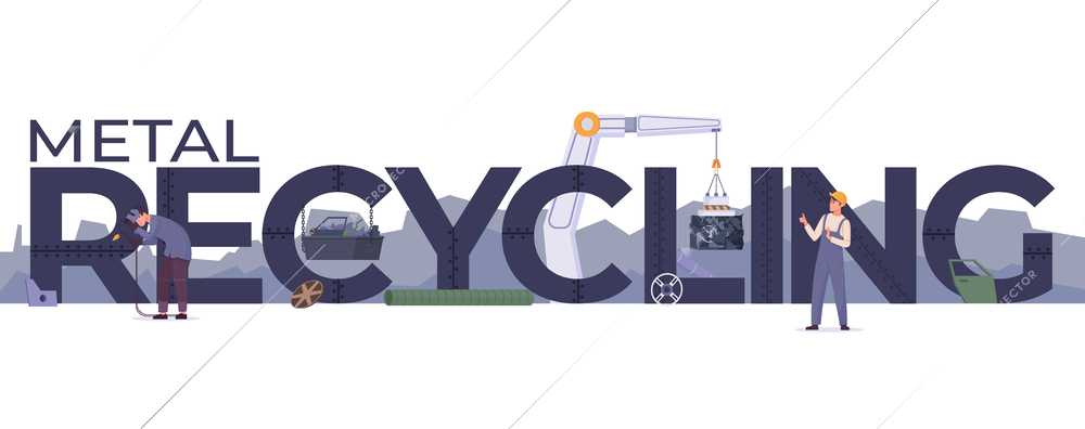 Metal recycling composition with editable text surrounded by dumping site images with machinery and human workers vector illustration