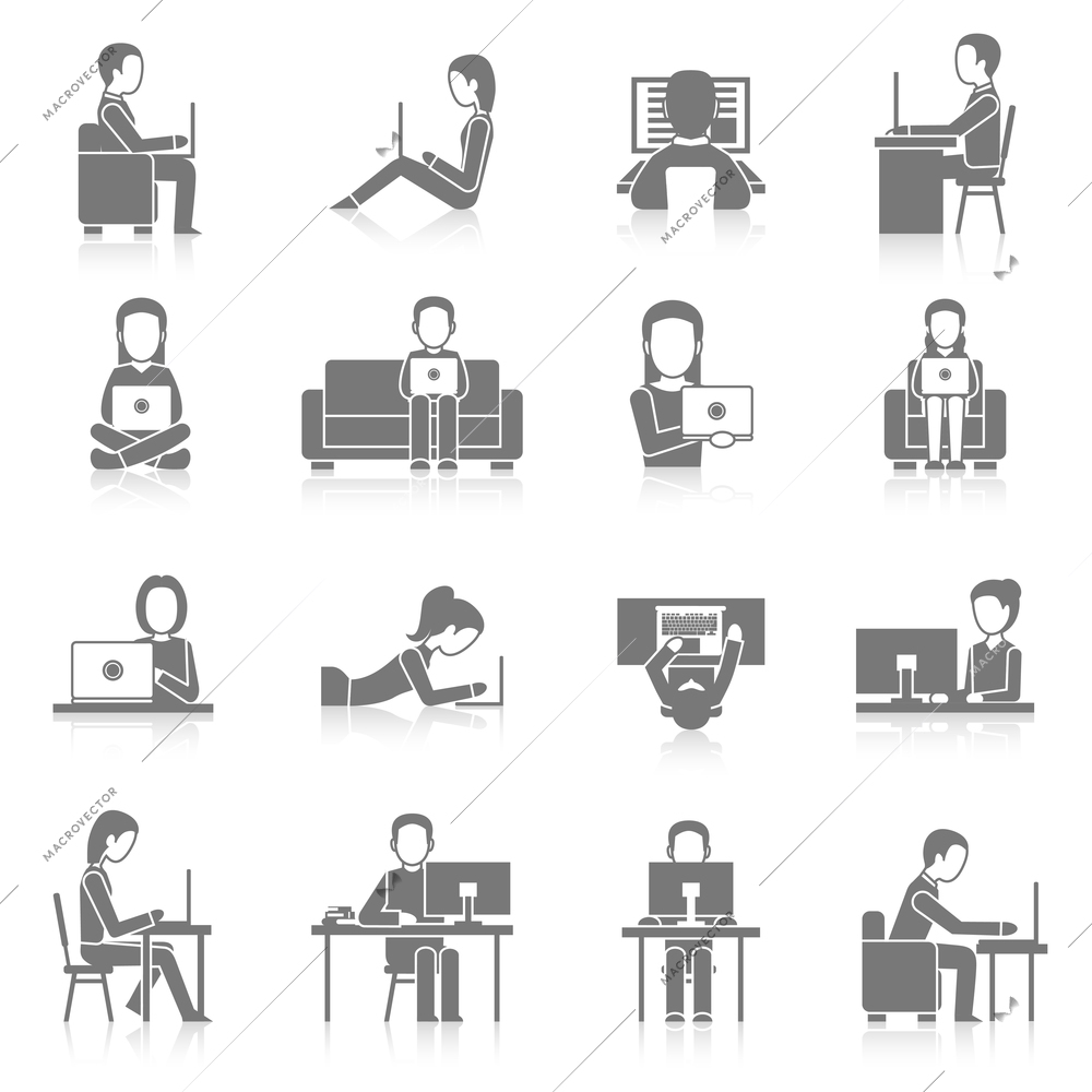 People working on computer sitting and laying black icons set isolated vector illustration