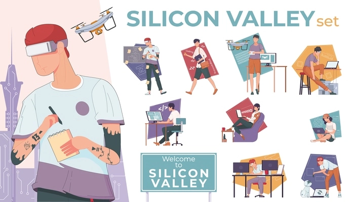 Silicon valley set of flat isolated compositions with human characters using state of the art gadgets vector illustration