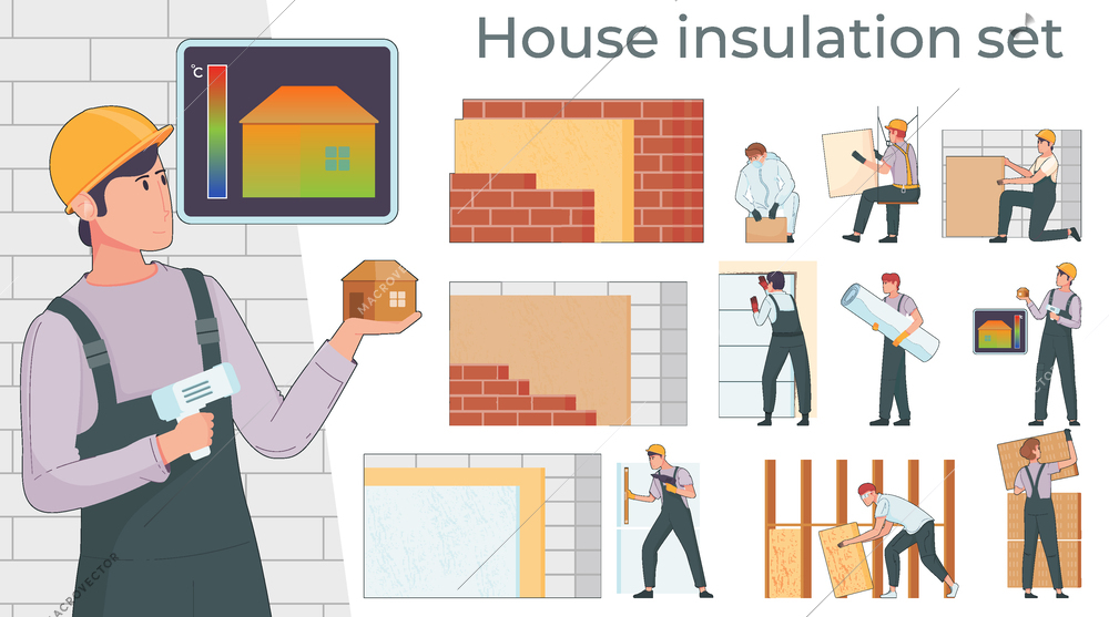 Thermal insulation flat composition with editable text and characters of repairmen with building supplies finishing materials vector illustration