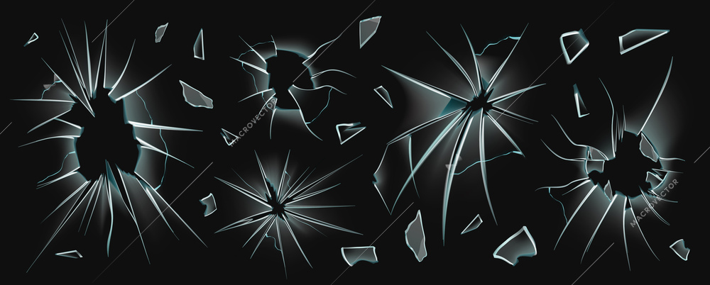 Realistic broken glass pieces set with isolated sketch style images of window holes and flying shards vector illustration