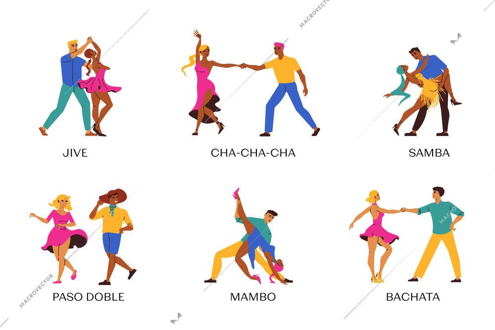 Latin dance set of compositions with isolated views of dancing pairs with text captions representing style vector illustration