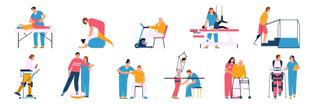 Physiotherapy flat color set of doctors working with patients during rehabilitation after trauma or surgery isolated vector illustration