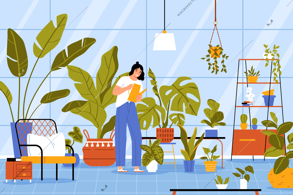 Hobby flat concept with woman watering house plants vector illustration