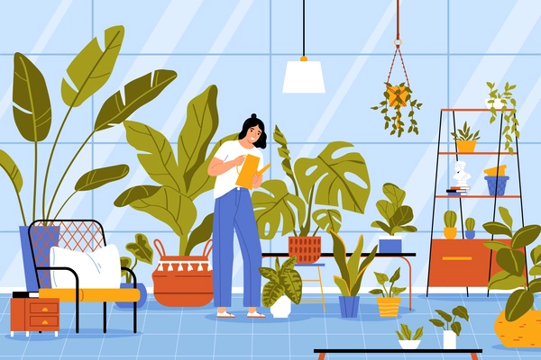 Hobby flat concept with woman watering house plants vector illustration