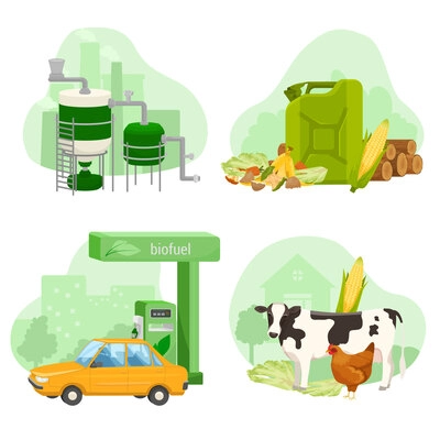 Biofuel production 2x2 concept with raw material factory equipment gas stations isolated green compositions flat vector illustration