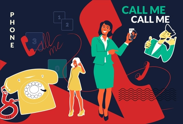 Call me phone flat collage composition abstract situation women and man ask to call them in front of the phone vector illustration