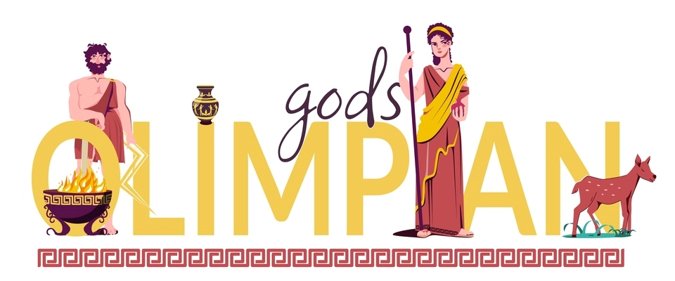 Olympian gods flat text composition large inscription gods olympian two figures of the gods and a small deer vector illustration