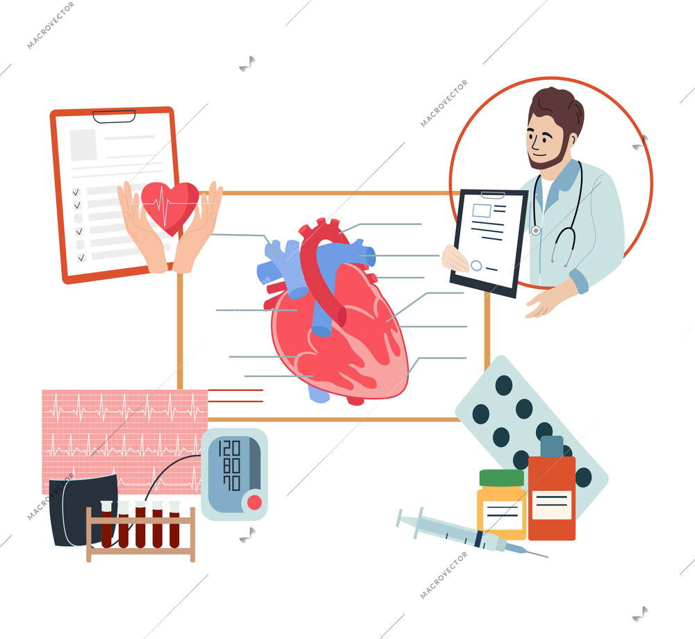 Heart attack symptoms flat composition with doctors character medication supplies and anatomic heart on blank background vector illustration