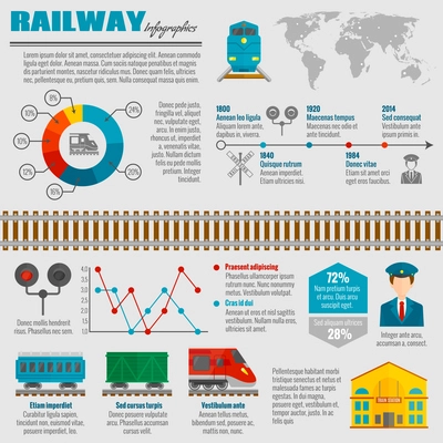 Railway infographic set with passenger transportation symbols and charts vector illustration