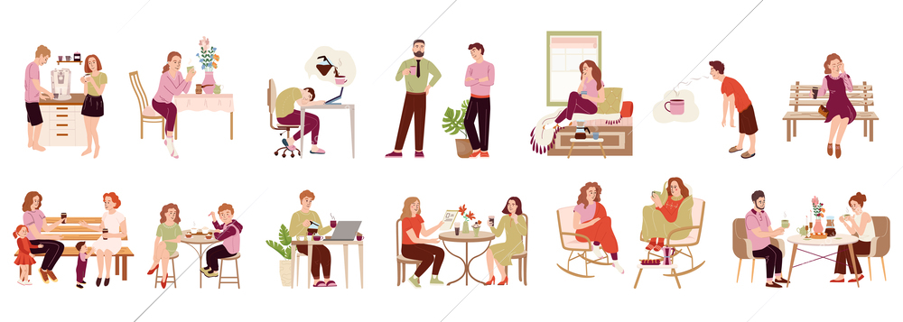 Coffee people flat set of isolated compositions with adult people drinking hot drinks alone and together vector illustration