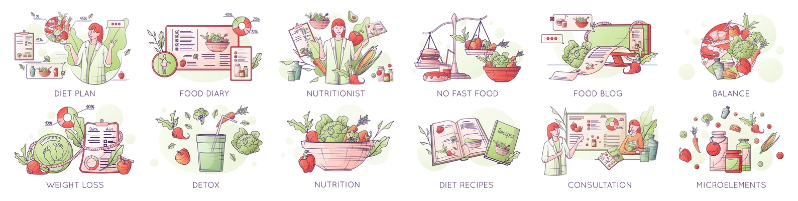 Nutritionist dietitian dietologist set of isolated compositions with doodle images of food recipes doctor and text vector illustration