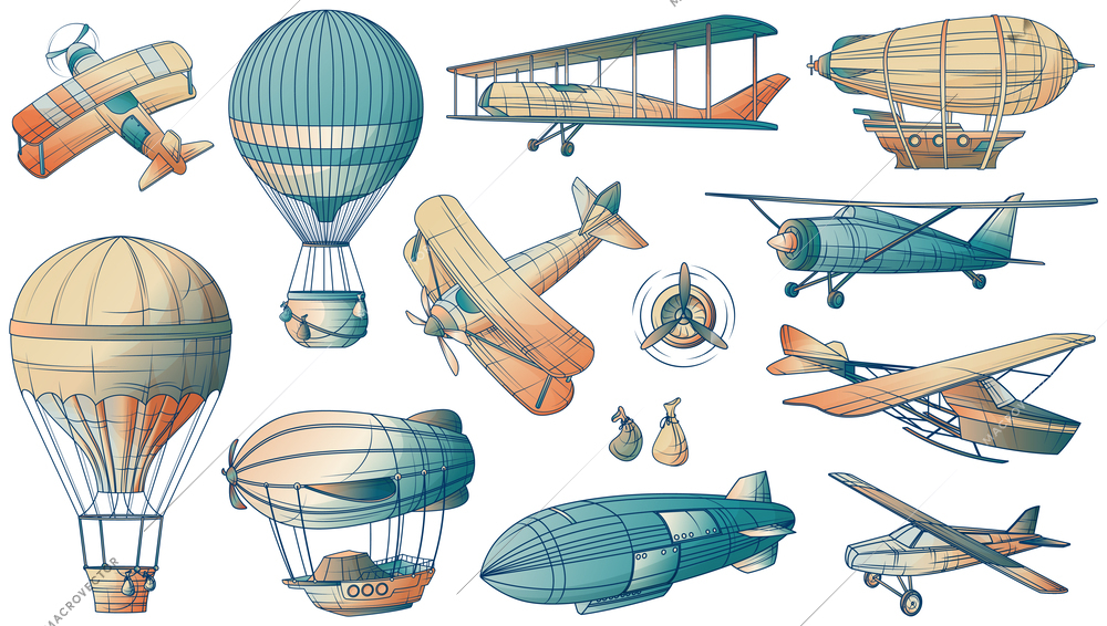 Aeronautics set of isolated retro and vintage style images of aircraft and flying transport air ships vector illustration