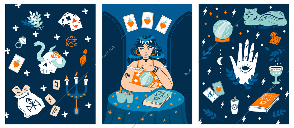 Fortune tellers flat cards with magic book runes crystal ball tarot candles accessories vector illustration