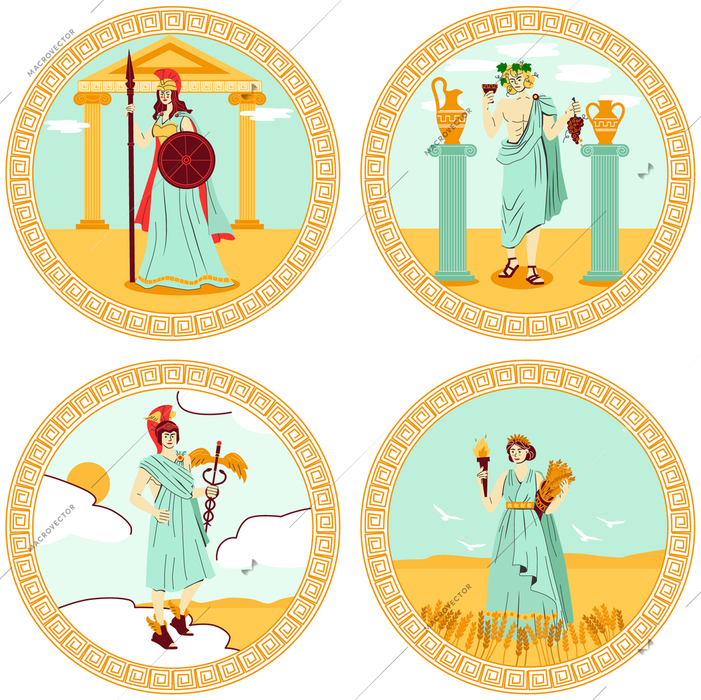 Olympus gods four round colored emblems with hermes athena demeter dionysius persons flat isolated vector illustration