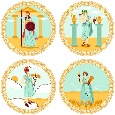 Olympus gods four round colored emblems with hermes athena demeter dionysius persons flat isolated vector illustration
