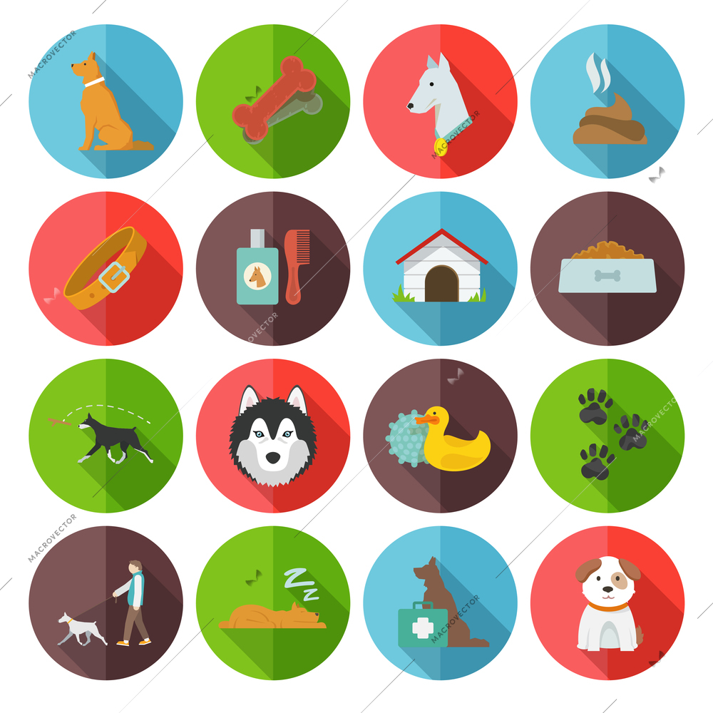 Dog icons flat set with dung garbage puppy walking isolated vector illustration