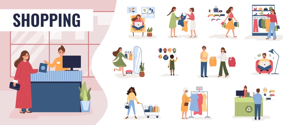 Shopping people flat set with isolated compositions of adult human characters going shopping with checkout view vector illustration