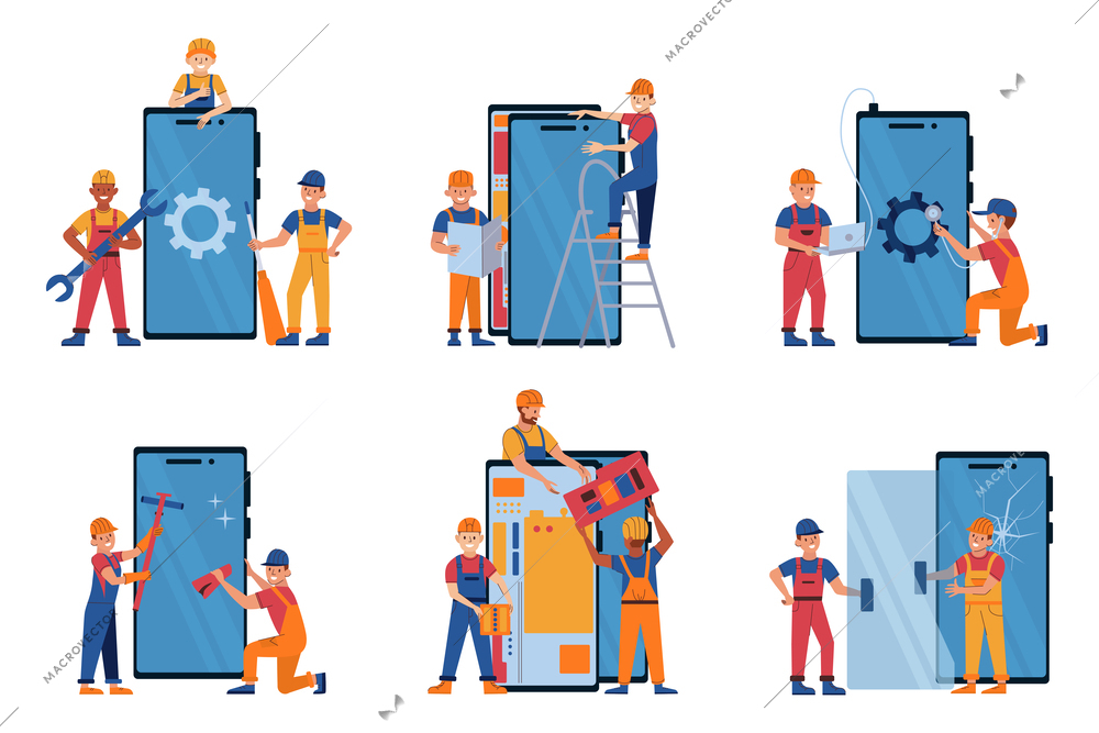 Phone repair service flat set with smiling tech support engineers fixing smartphones isolated vector illustration