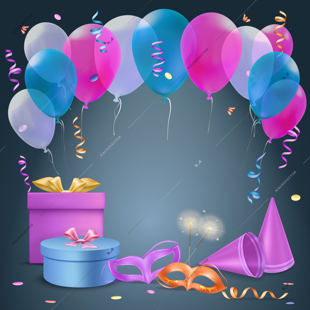 Celebration party background with balloons and gift boxes symbols realistic vector illustration