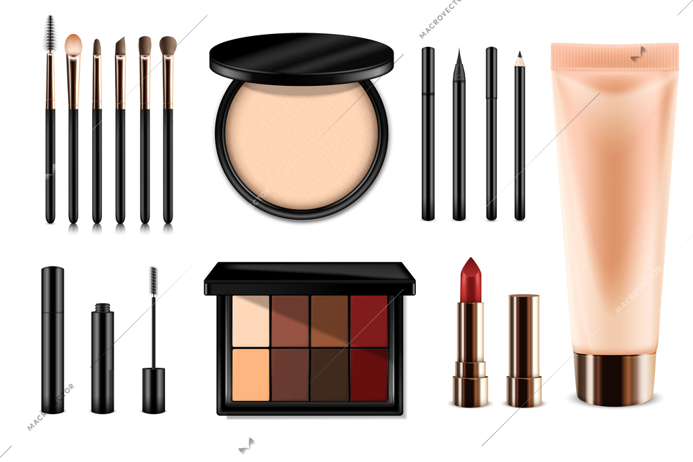 Makeup and cosmetics set with eyeshadow and eyeliner realistic isolated vector illustration